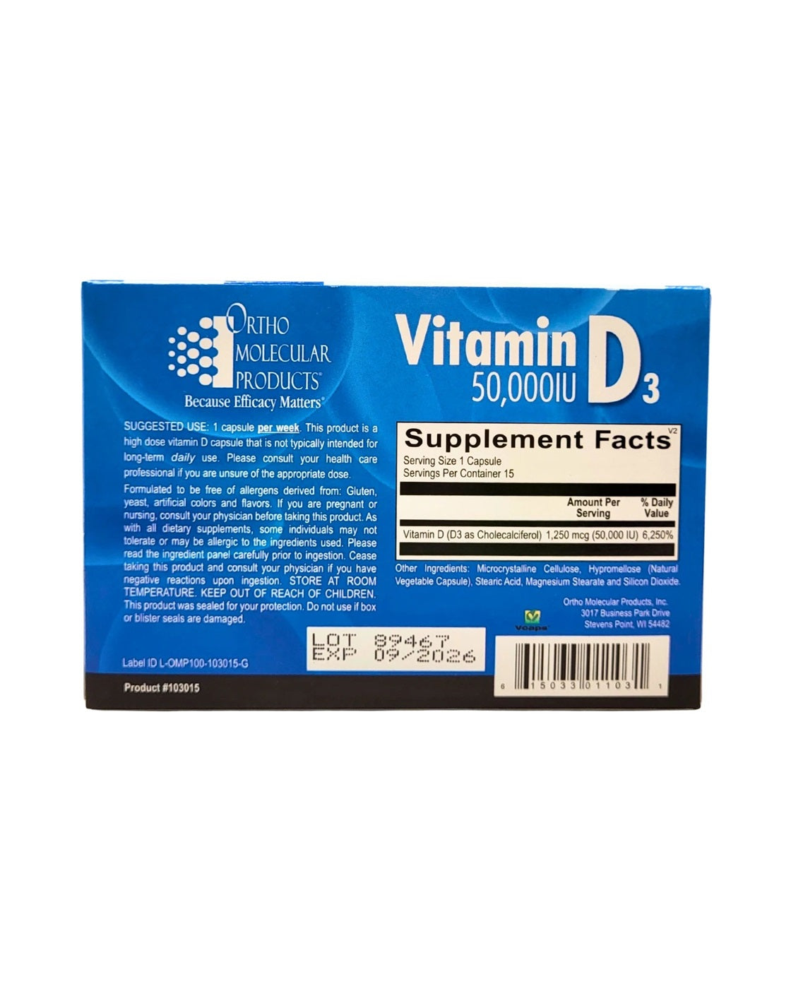 Ortho Molecular - Vitamin D3 50,000 IU - 15 Capsule Blister Pack